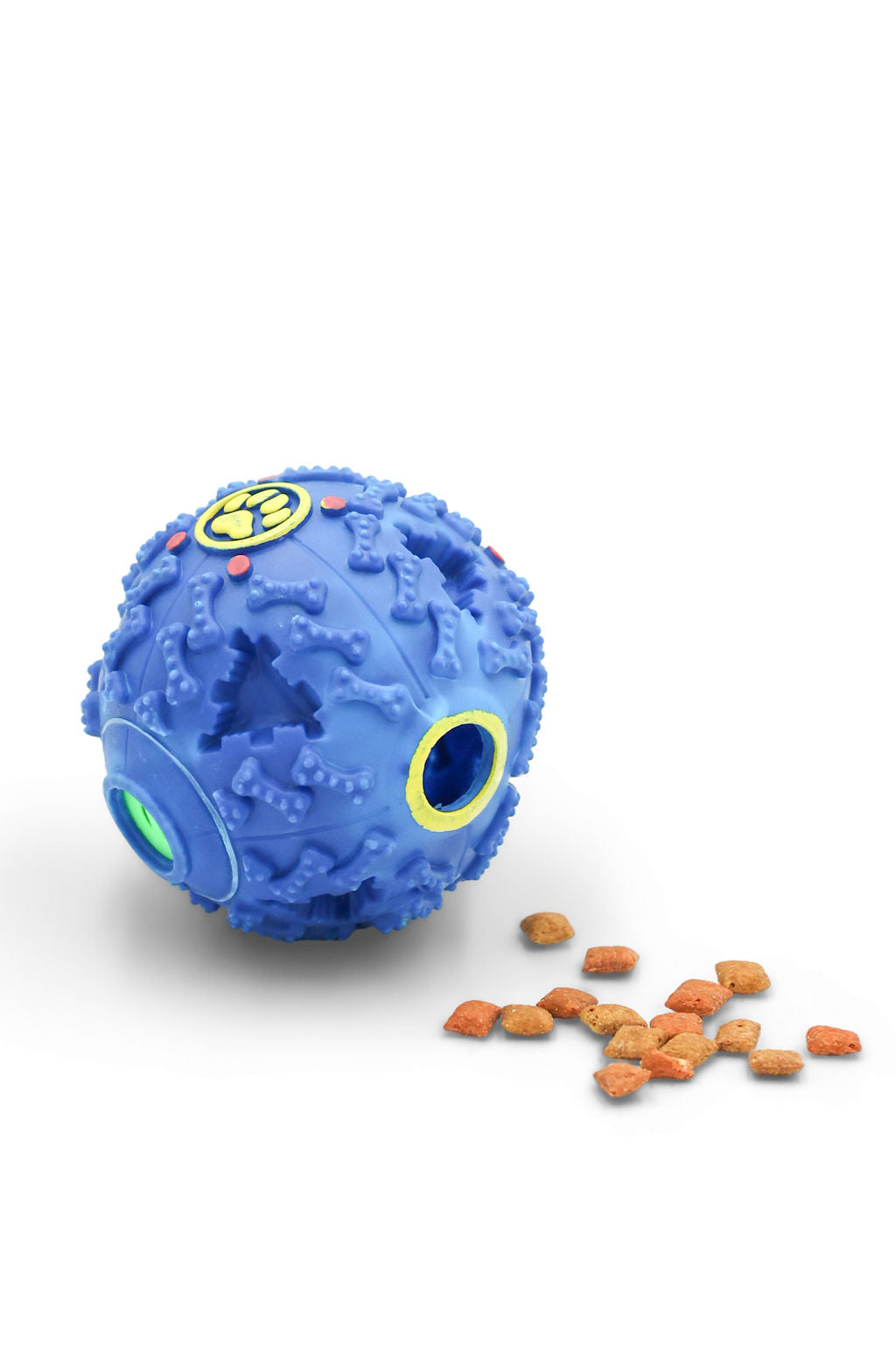 BudgetPaws Treat Dispensing Puzzle Ball for dogs in Ocean Blue front view with treats.