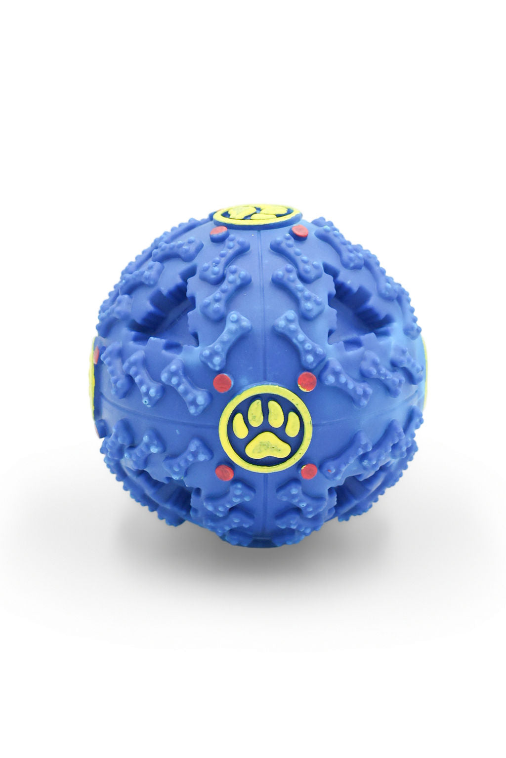 Close up of treat dispensing hole on Ocean Blue dog puzzle ball.