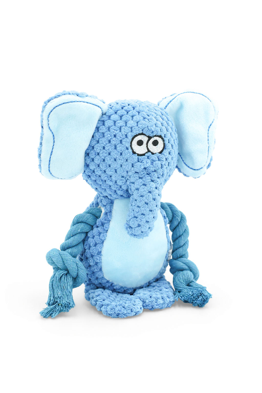 BudgetPaws Echo squeaky plush rope dog toy in soft blue elephant plush with durable rope arms, photographed on a white background.