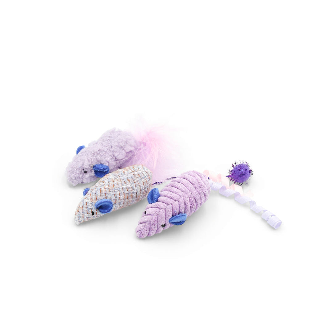 BudgetPaws Feather Mouse cat toy 3-pack in Lavender Field, photographed on a white background.