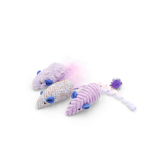 BudgetPaws Feather Mouse cat toy 3-pack in Lavender Field, photographed on a white background.