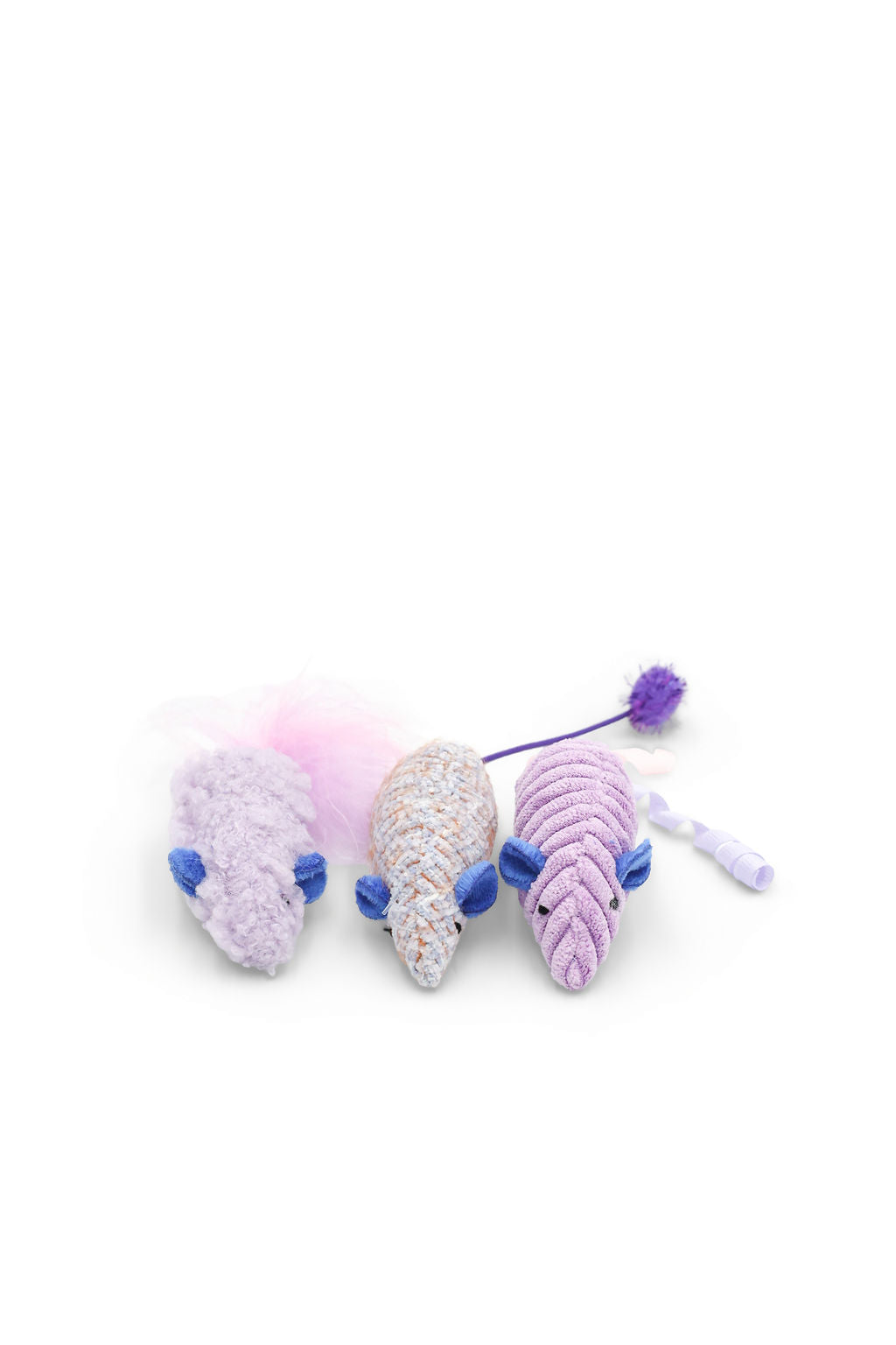 Close-up view showing the soft feather details on the BudgetPaws Feather Mouse cat toy in Lavender Field.