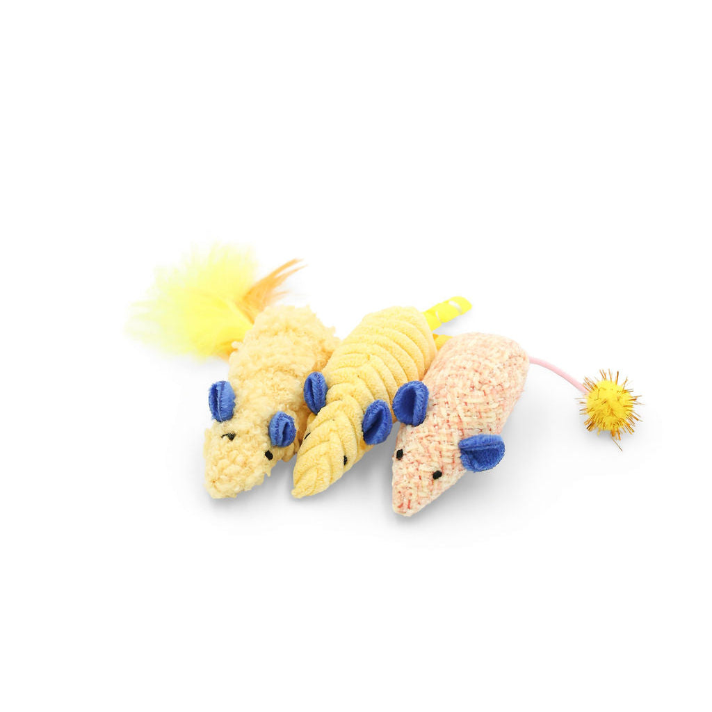 BudgetPaws Feather Mouse cat toy 3-pack in Sunflower Yellow, photographed on a white background.