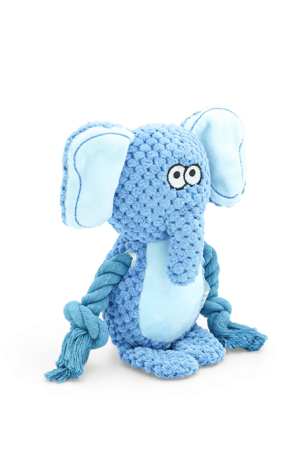 Side angle view of the BudgetPaws Echo squeaky plush elephant rope dog toy.