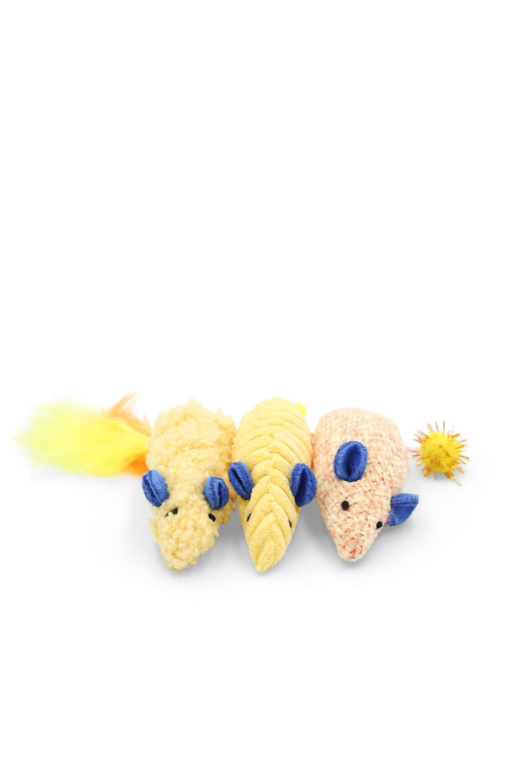 Close-up view showing the soft feather details on the BudgetPaws Feather Mouse cat toy in Sunflower Yellow.