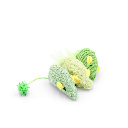 BudgetPaws Feather Mouse cat toy 3-pack in Budget Green, photographed on a white background.