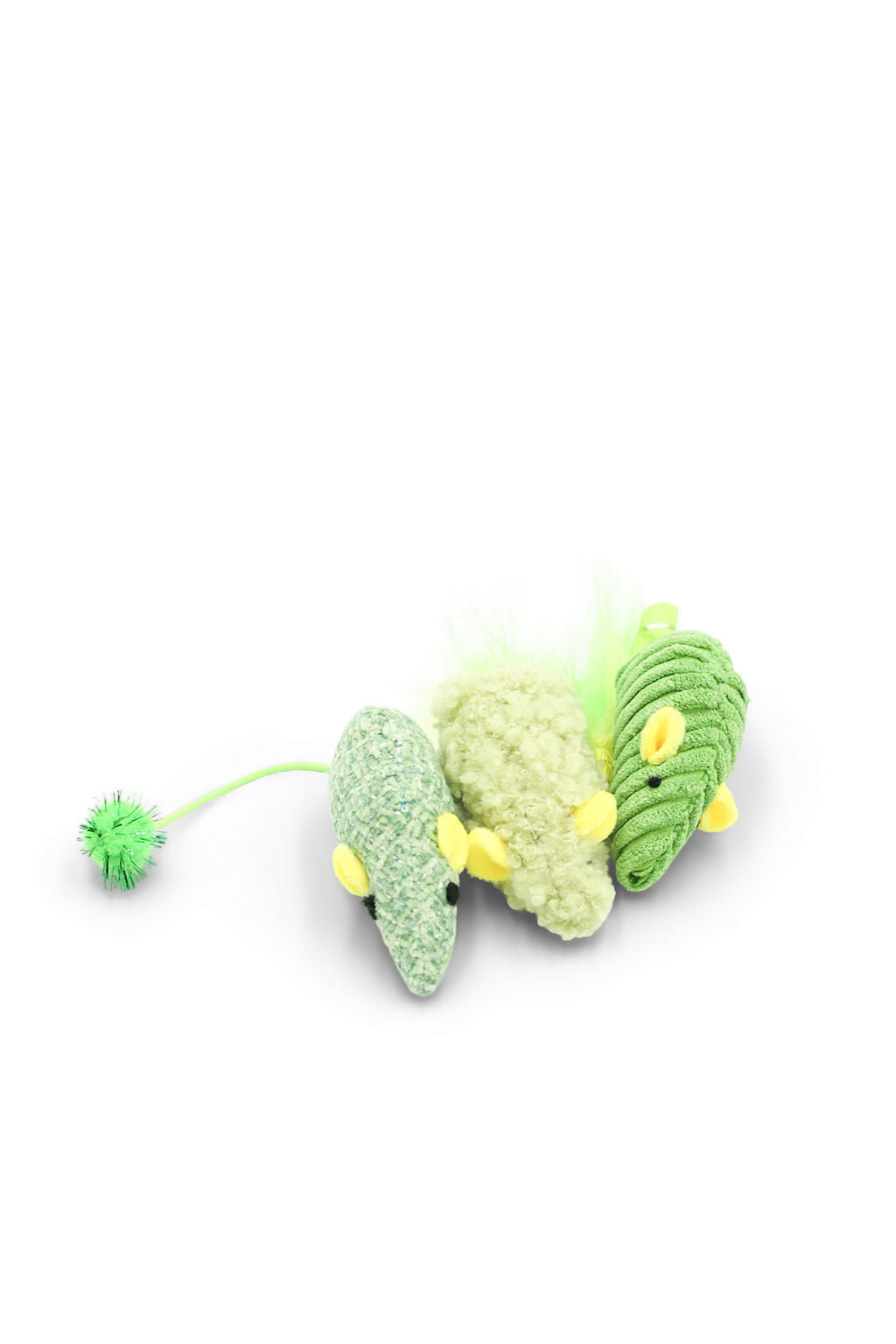 Side angle view of the BudgetPaws Feather Mouse cat toy 3-pack in Budget Green.