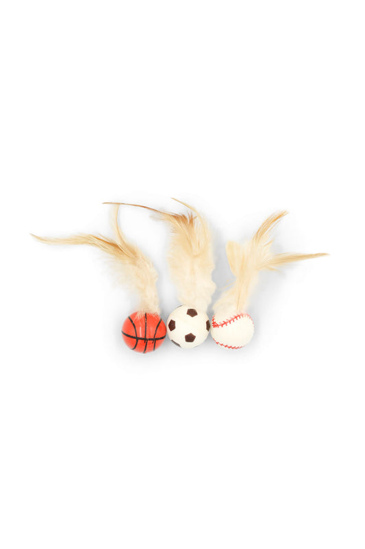 BudgetPaws Sports Feather Ball Cat Toy 3-pack showing basketball, soccer, and baseball designs with feather tails on a white background.