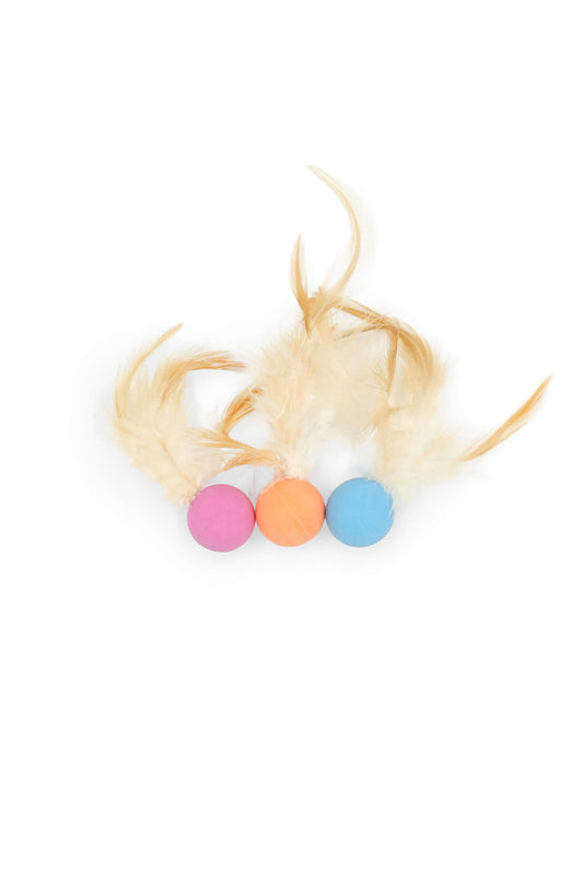 BudgetPaws Feather Ball Cat Toy 3-pack in pink, orange, and blue with fluttery feather tails, photographed on a white background.