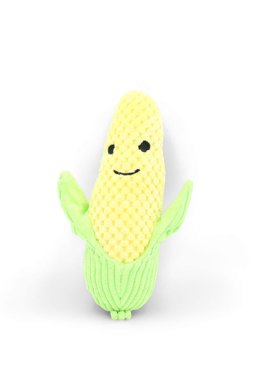 BudgetPaws Corn plush squeaky dog toy in Sunflower Yellow, photographed on a white background.