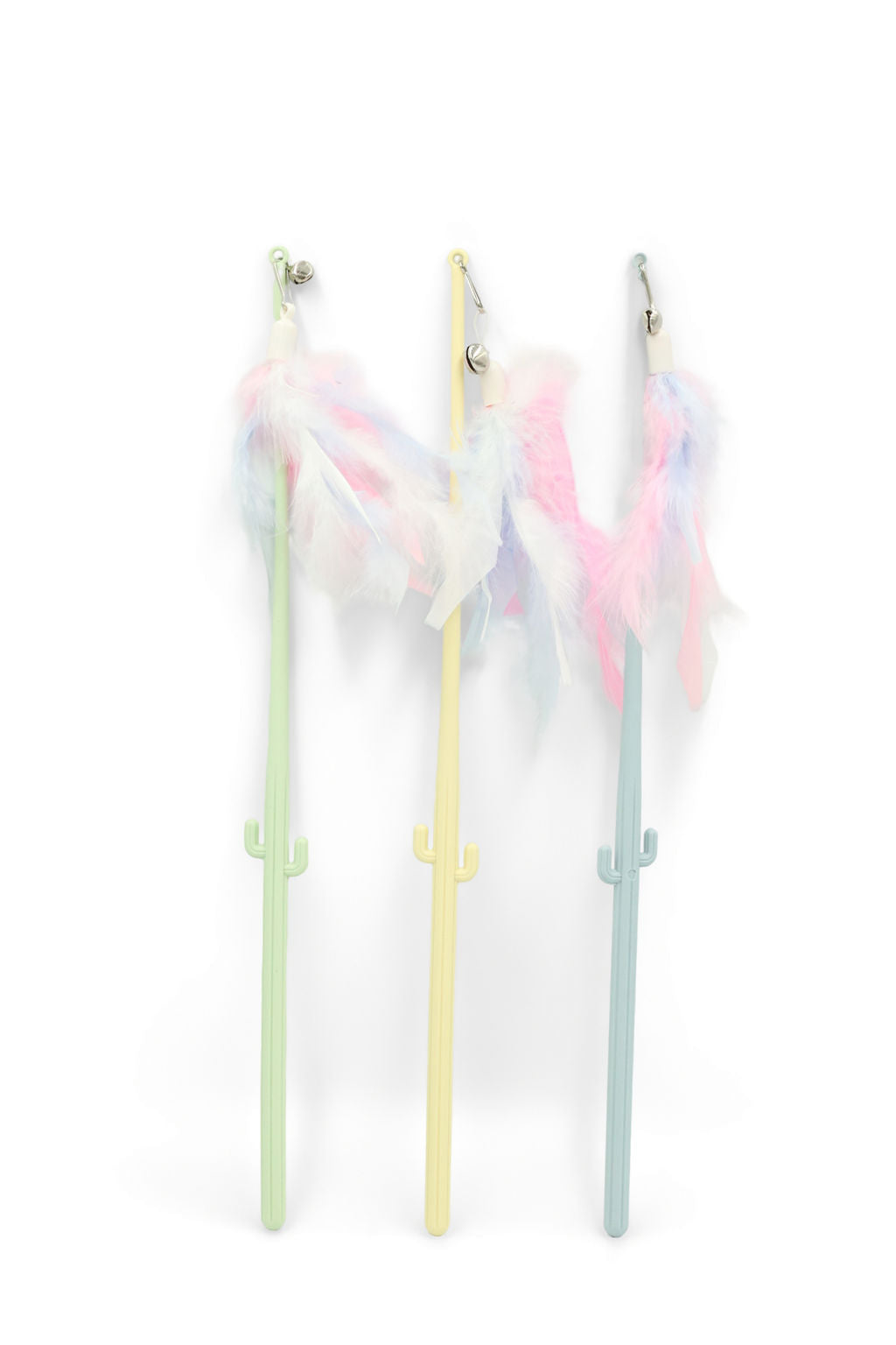 Full length view of the BudgetPaws Budget Green Feather Cat Teaser Wand designed for indoor cat chasing and pouncing.