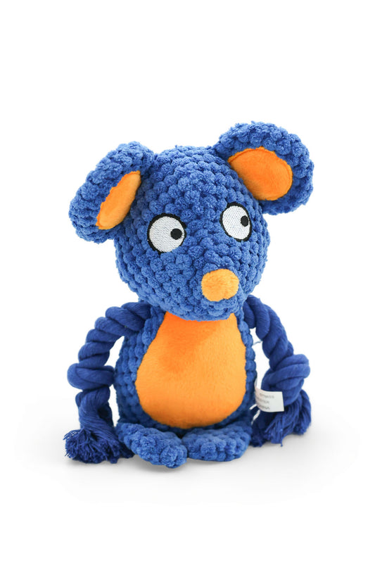 BudgetPaws Pip squeaky plush rope dog toy in bright blue mouse plush with durable rope arms, photographed on a white background.