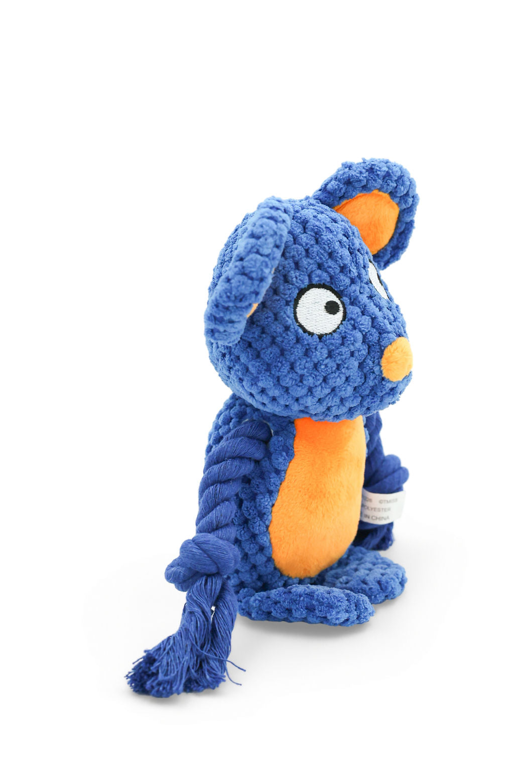 Side angle view of the BudgetPaws Pip squeaky plush mouse rope dog toy.