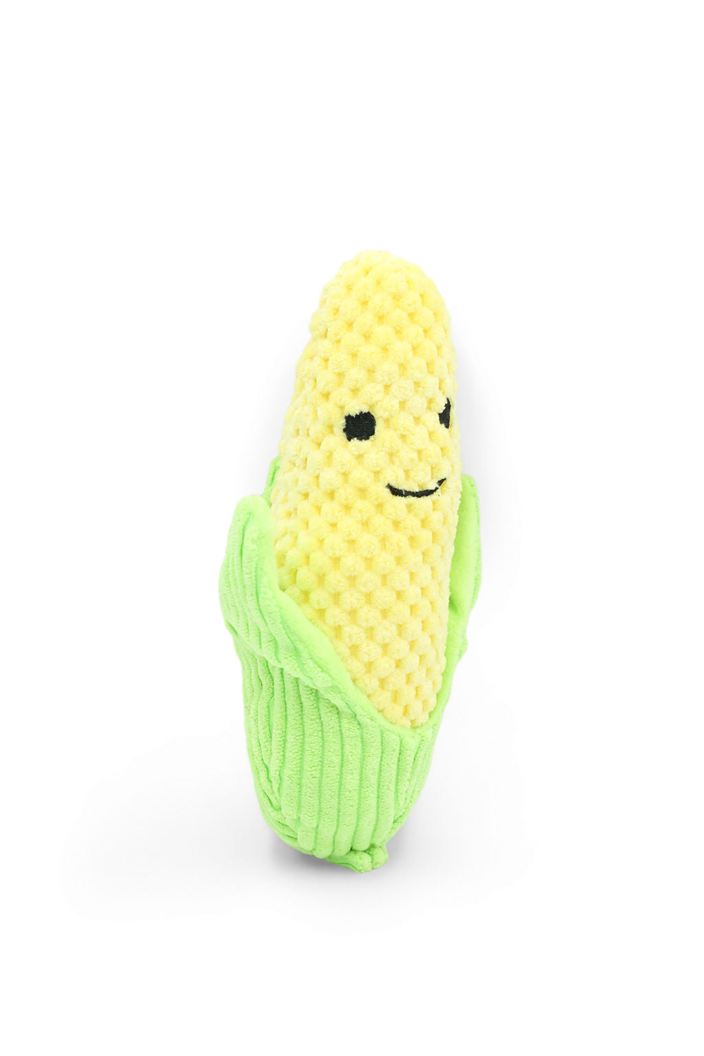 Front view of the BudgetPaws Corn plush squeaky dog toy in Sunflower Yellow showing cute embroidered face details.