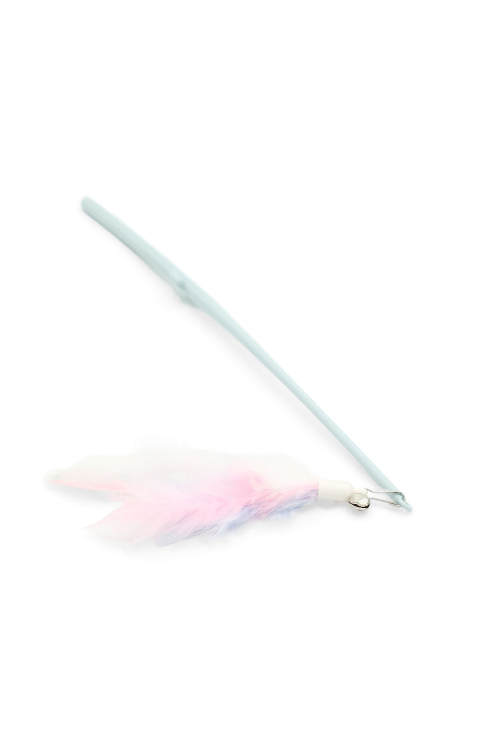 Close-up view of the natural feather attachment and sturdy wand connector on the BudgetPaws Sky Breeze Teaser Wand.