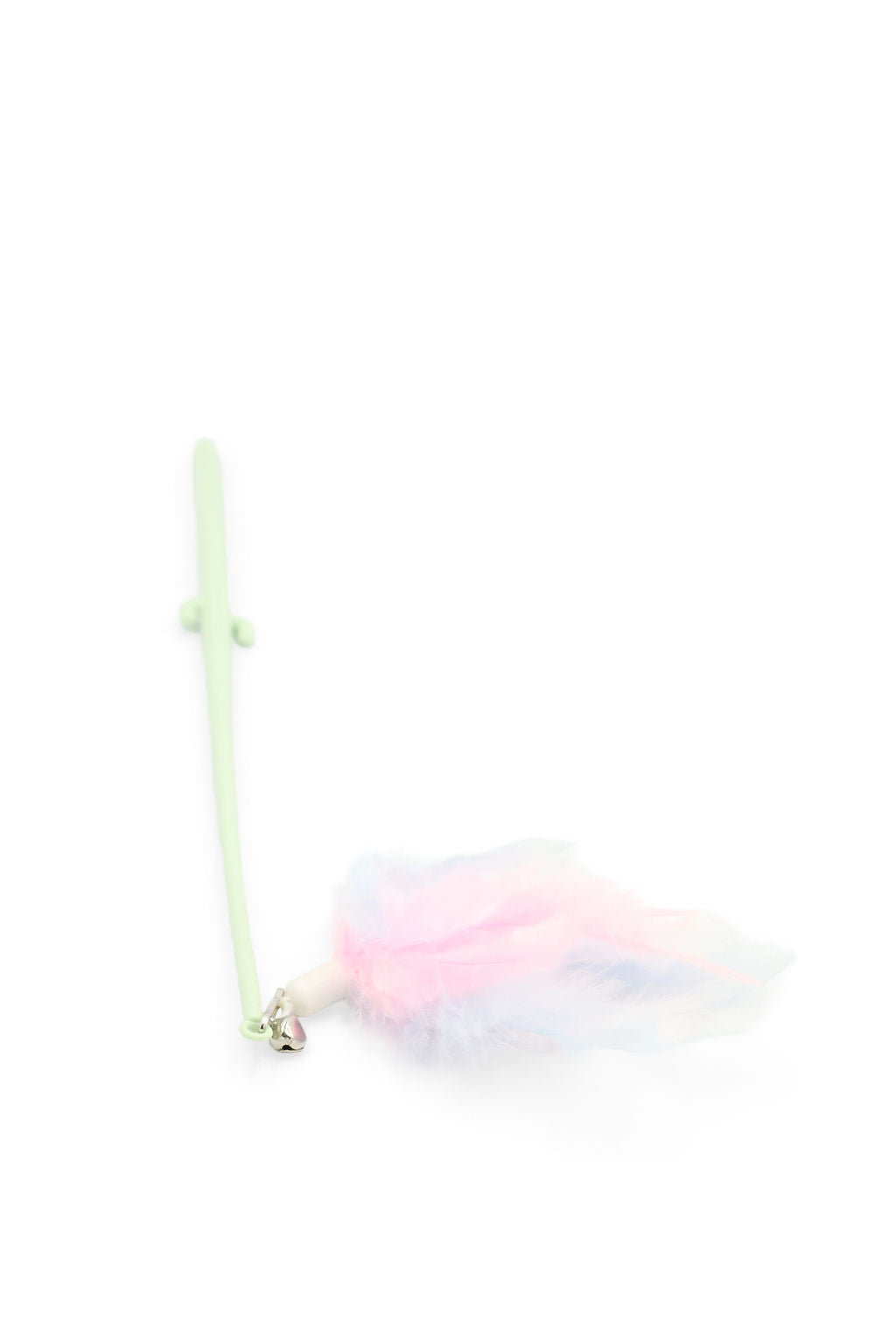 Close-up view of the natural feather attachment and sturdy wand connector on the BudgetPaws Budget Green Cat Teaser Wand.
