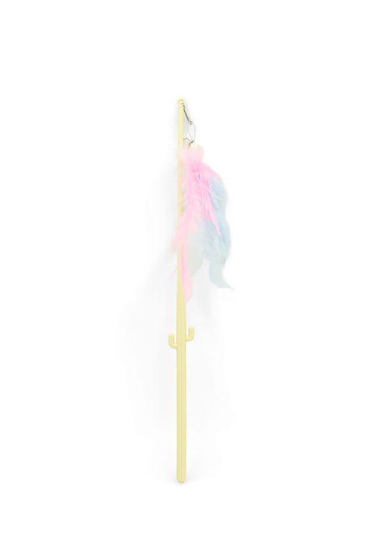 Close-up view of the natural feather attachment and sturdy wand connector on the BudgetPaws Sunflower Yellow Teaser Wand.