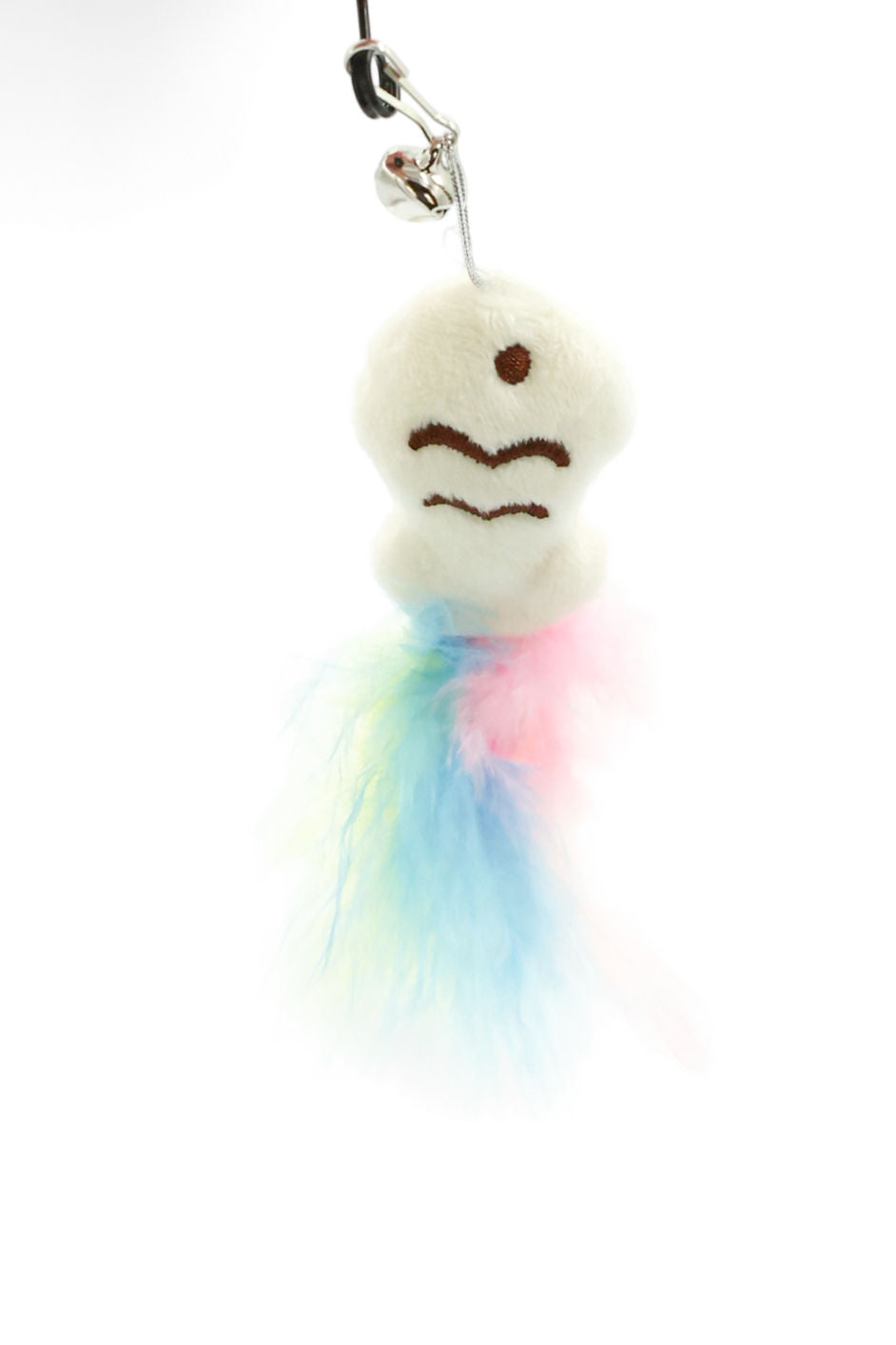 Close-up view of the feather attachment on the BudgetPaws River Stone cat teaser wand.