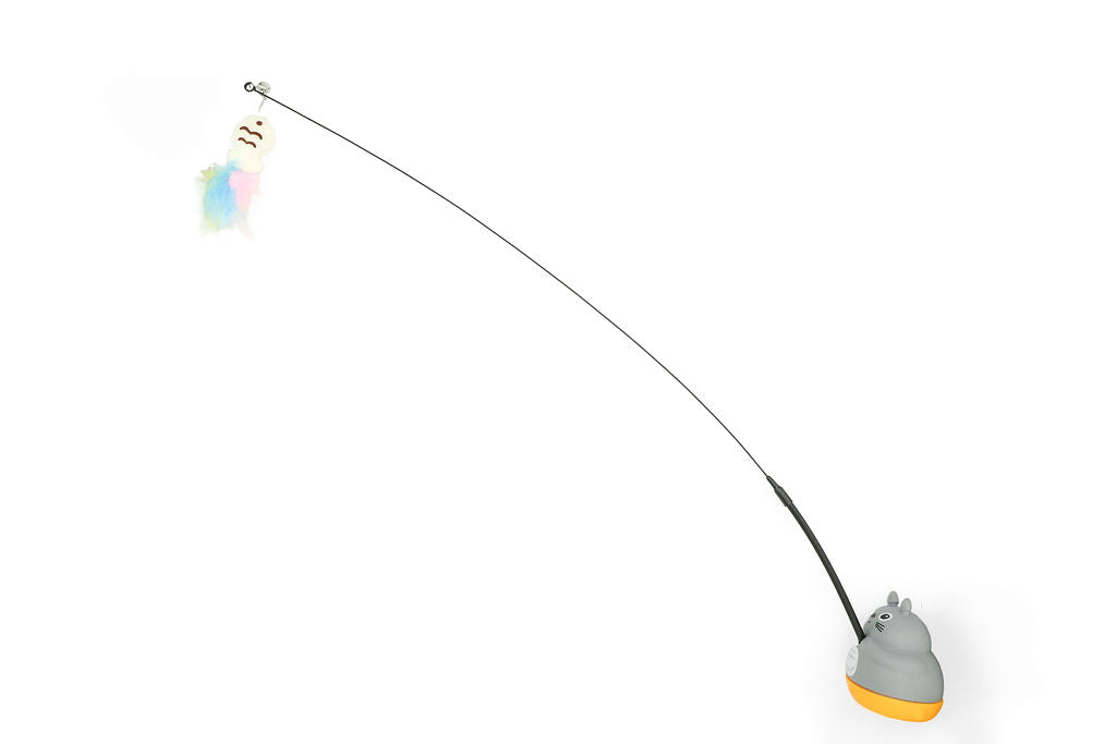 Side angle view of the BudgetPaws River Stone feather fishing cat teaser wand.