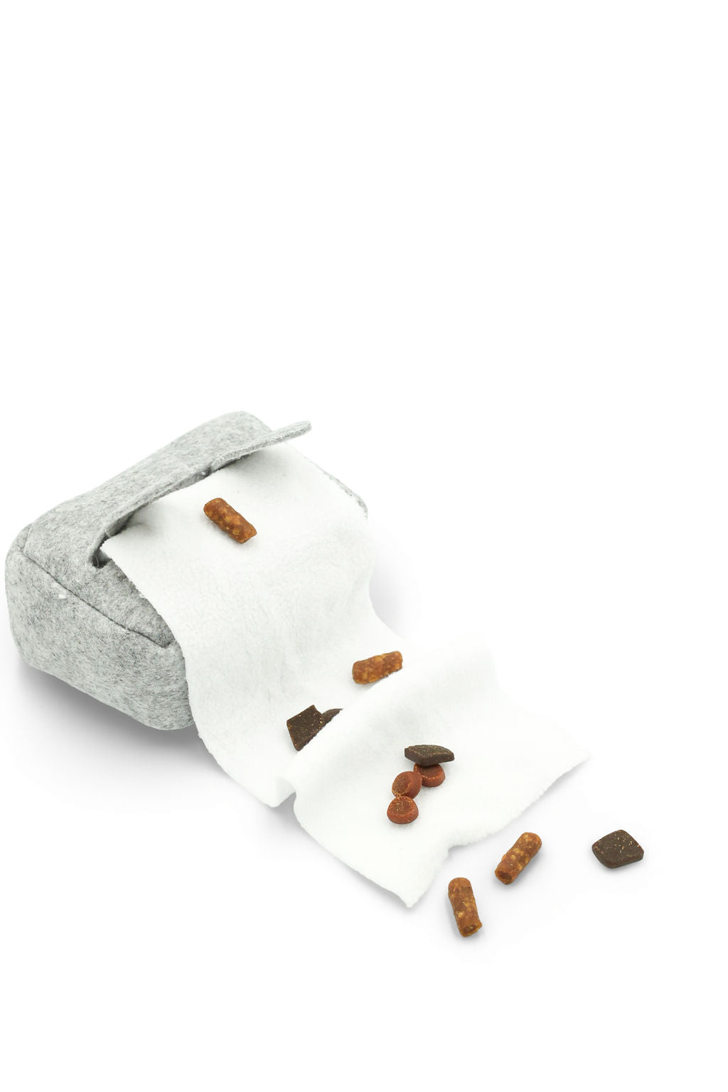 BudgetPaws River Stone snuffle box dog toy in grey felt with cream mat and treats scattered on top, on a white background.
