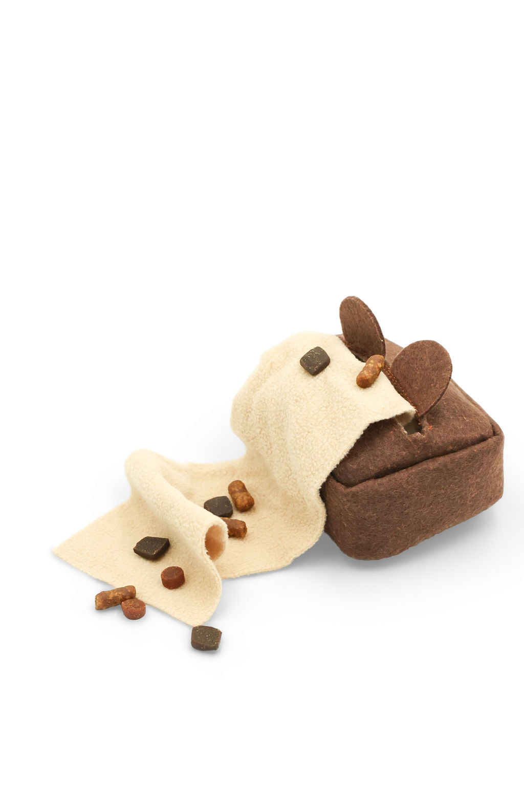 BudgetPaws Oak Bark snuffle box dog toy in brown felt with cream felt mat and treats scattered on top, photographed on a white background.