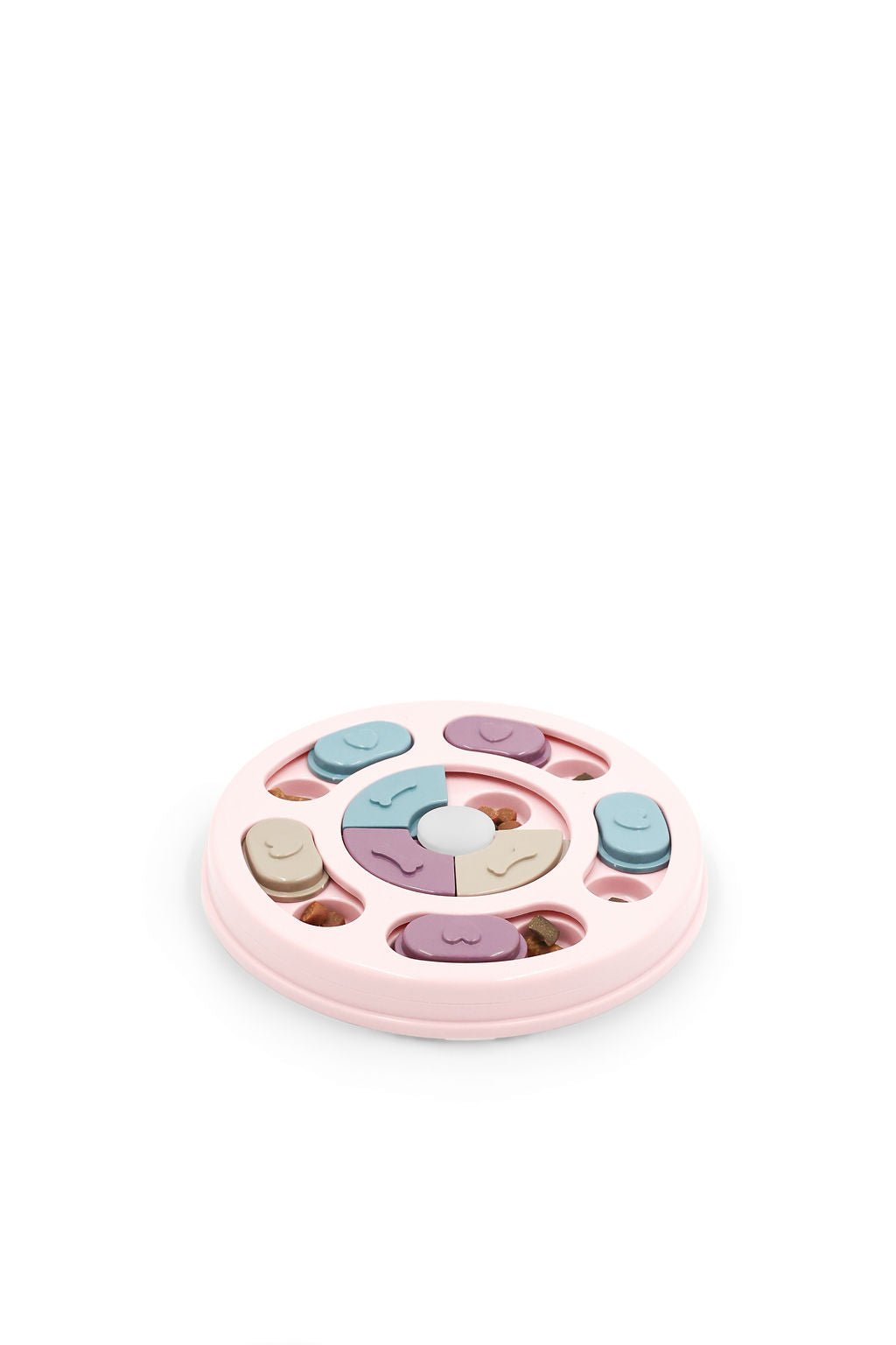 Side view of Soft Petal round slow feed dog puzzle feeder.