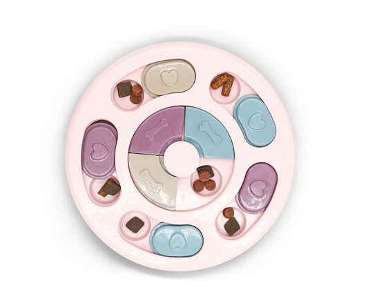 BudgetPaws Round Slow Feed Puzzle Toy for dogs in Soft Petal front view