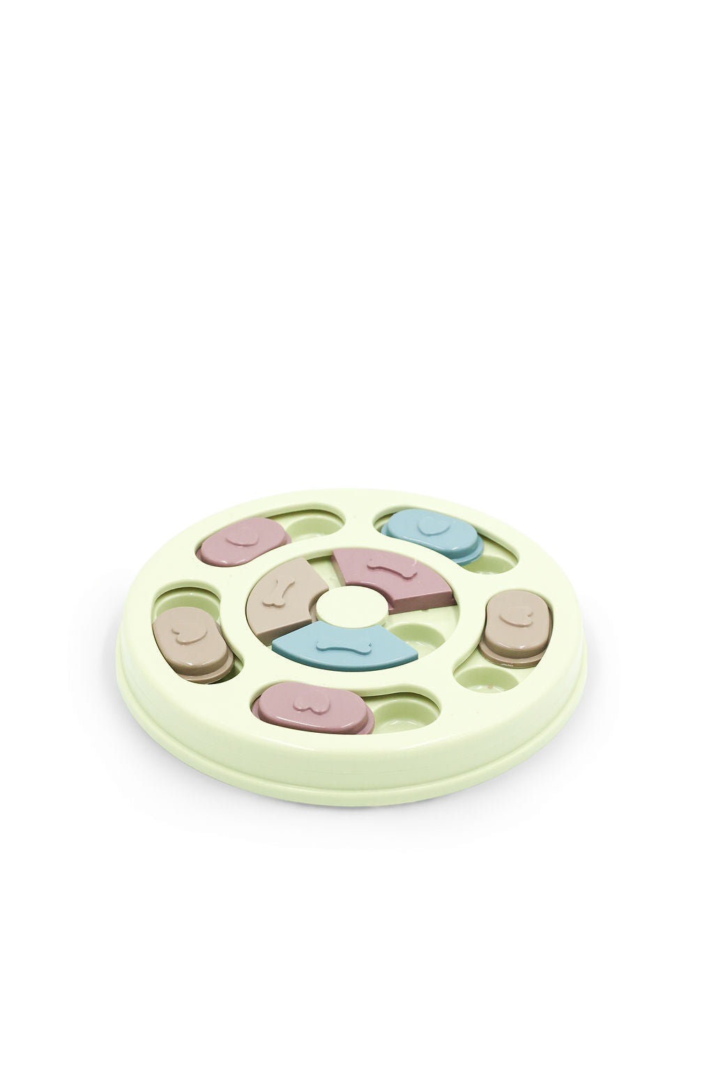 Side view of Budget Green round slow feed dog puzzle feeder.