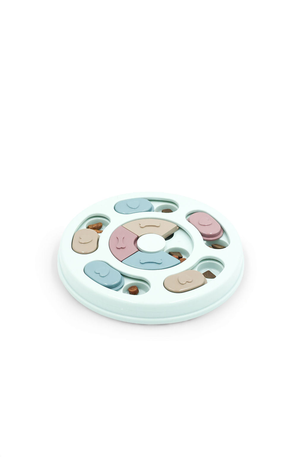 Side view of Sky Breeze round slow feed dog puzzle feeder.