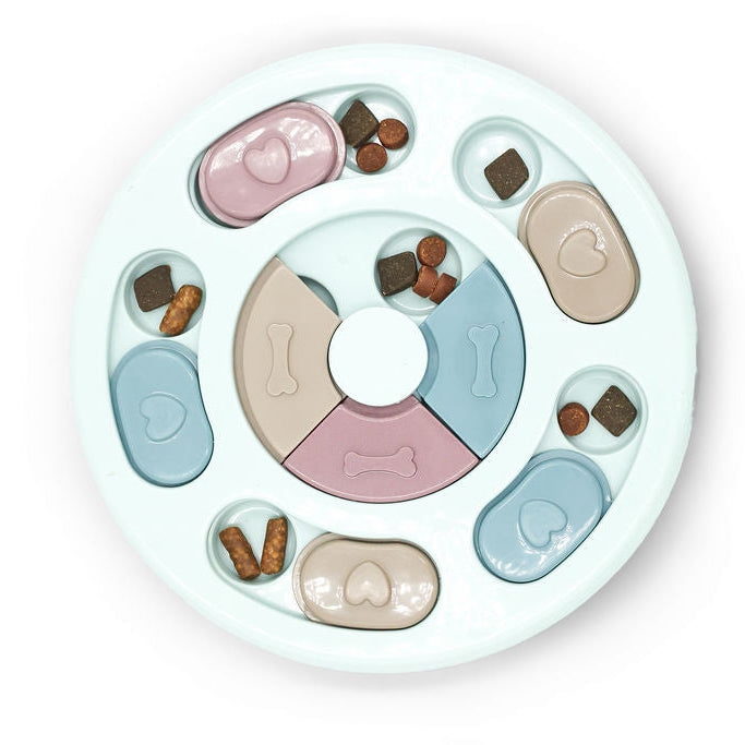BudgetPaws Round Slow Feed Puzzle Toy for dogs in Sky Breeze front view with treats.