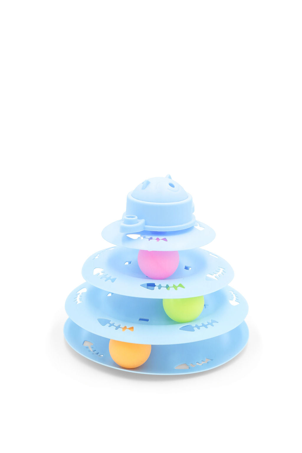 BudgetPaws Sky Breeze interactive cat tower track toy in blue with multi-tier ball tracks, photographed on a clean white background.