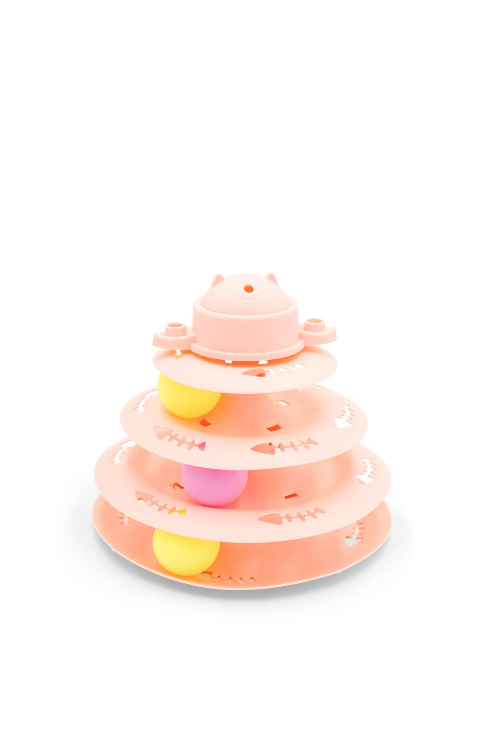 BudgetPaws Soft Petal interactive cat tower track toy in pink with multi-tier ball tracks, photographed on a clean white background.