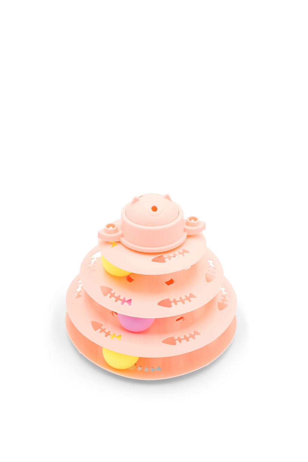 Side view of the BudgetPaws Soft Petal pink cat track toy showing rolling balls on multi-level tiers.