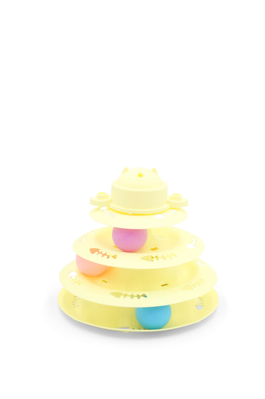 BudgetPaws Sunflower Yellow interactive cat tower track toy with multi-tier ball tracks, photographed on a clean white background.
