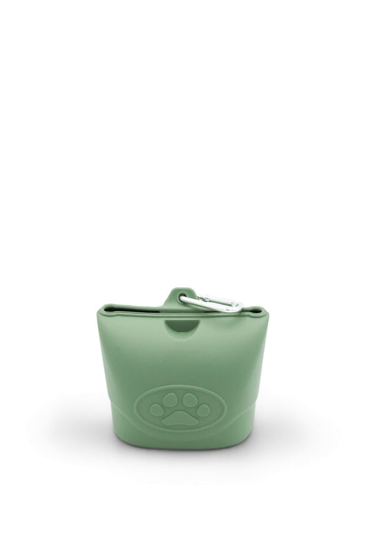 BudgetPaws Silicone Dog Treat Pouch in forest sage green showing the soft silicone material and sleek pouch design.