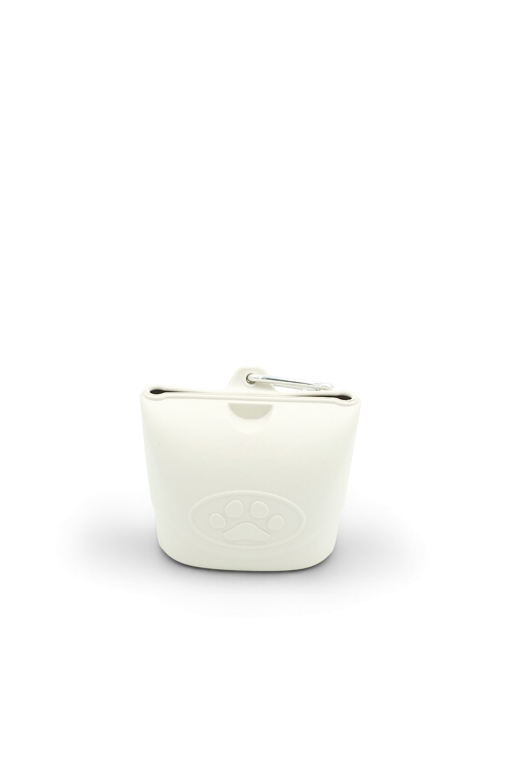 BudgetPaws Silicone Dog Treat Pouch in cloud white with a built-in clip for convenient hands-free walks.