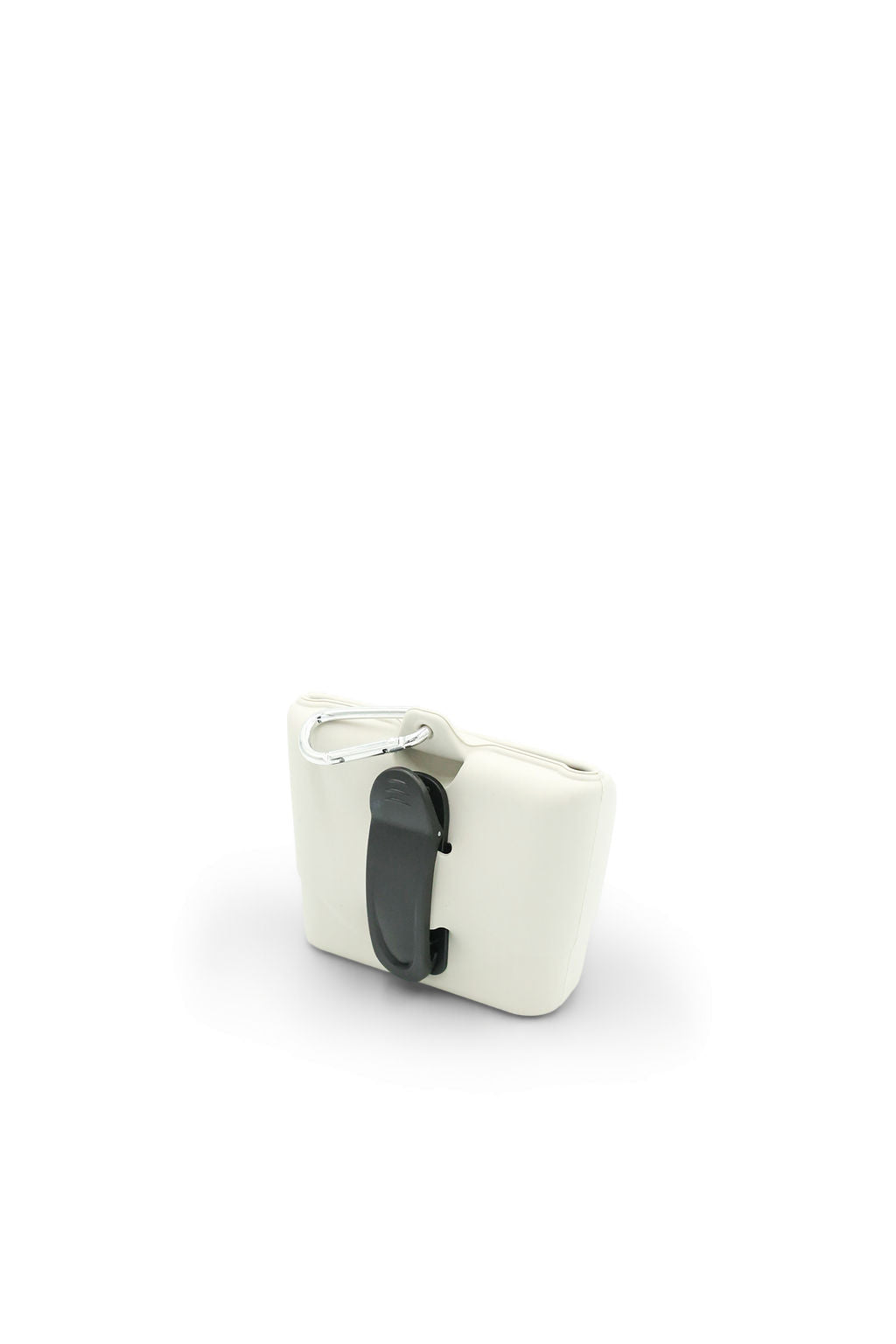 A small white silicone accessory with a black clip or strap detail and a silver metal ring, photographed on a clean white background.
