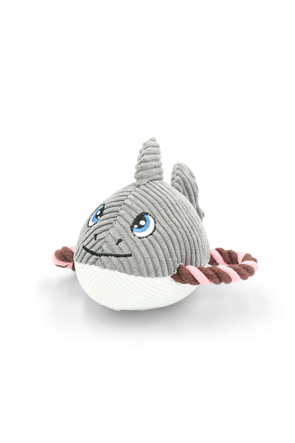 Gray corduroy Finley the shark squeaker toy with durable rope handles