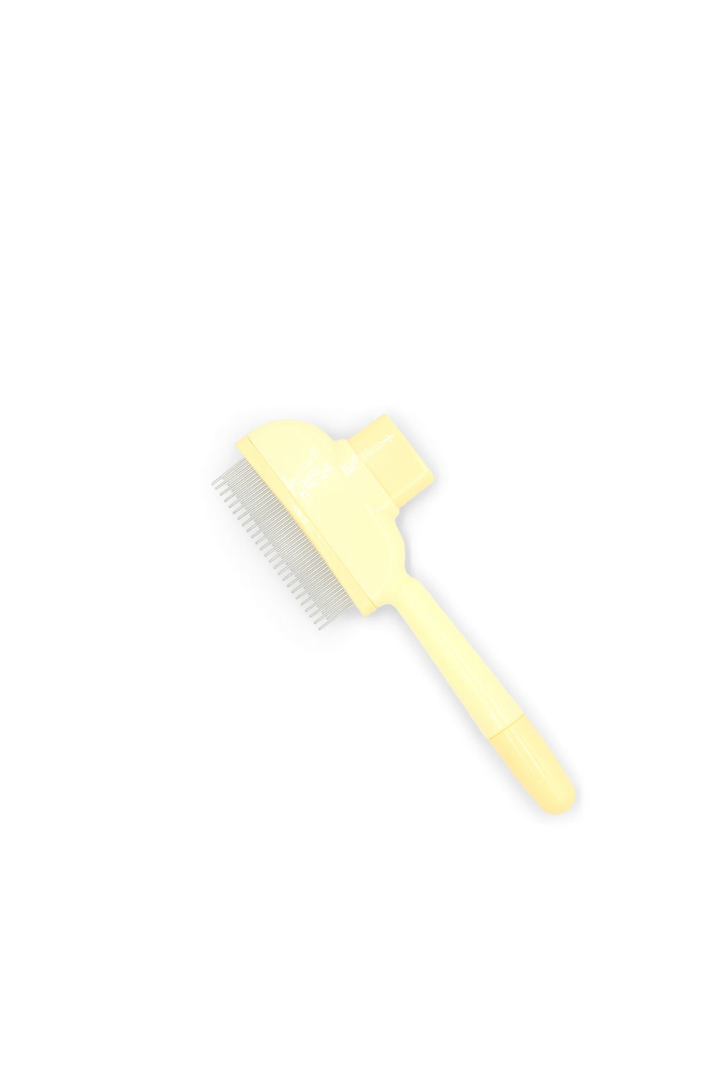 BudgetPaws Self-Cleaning Pet Detangling Comb in Yellow with push-button fur release feature.