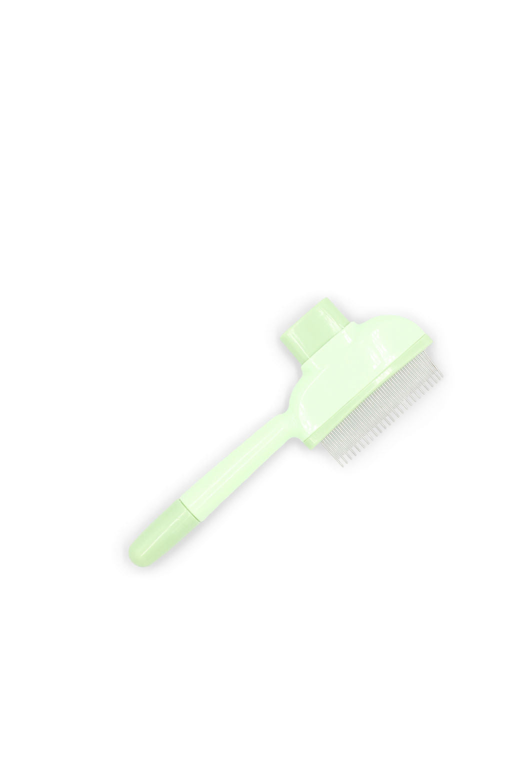 BudgetPaws Self-Cleaning Pet Detangling Comb in Green showing fine stainless steel bristles.