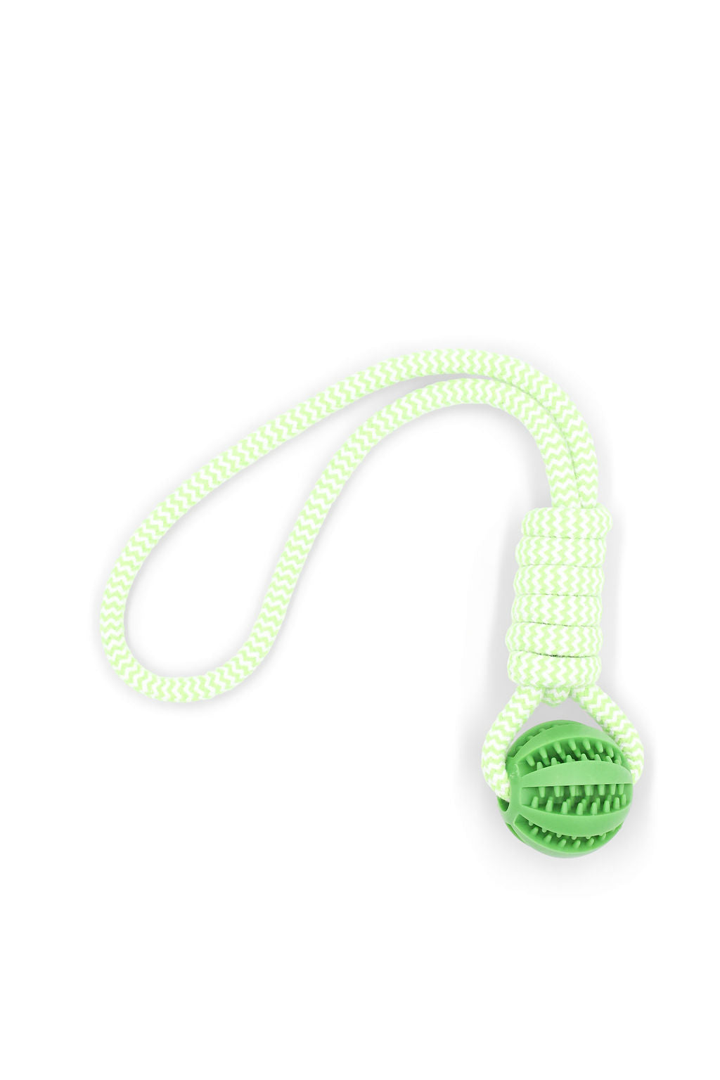 BudgetPaws Budget Green rubber rope tug dog toy in green with textured rubber handle and woven rope loop, photographed on a white background.