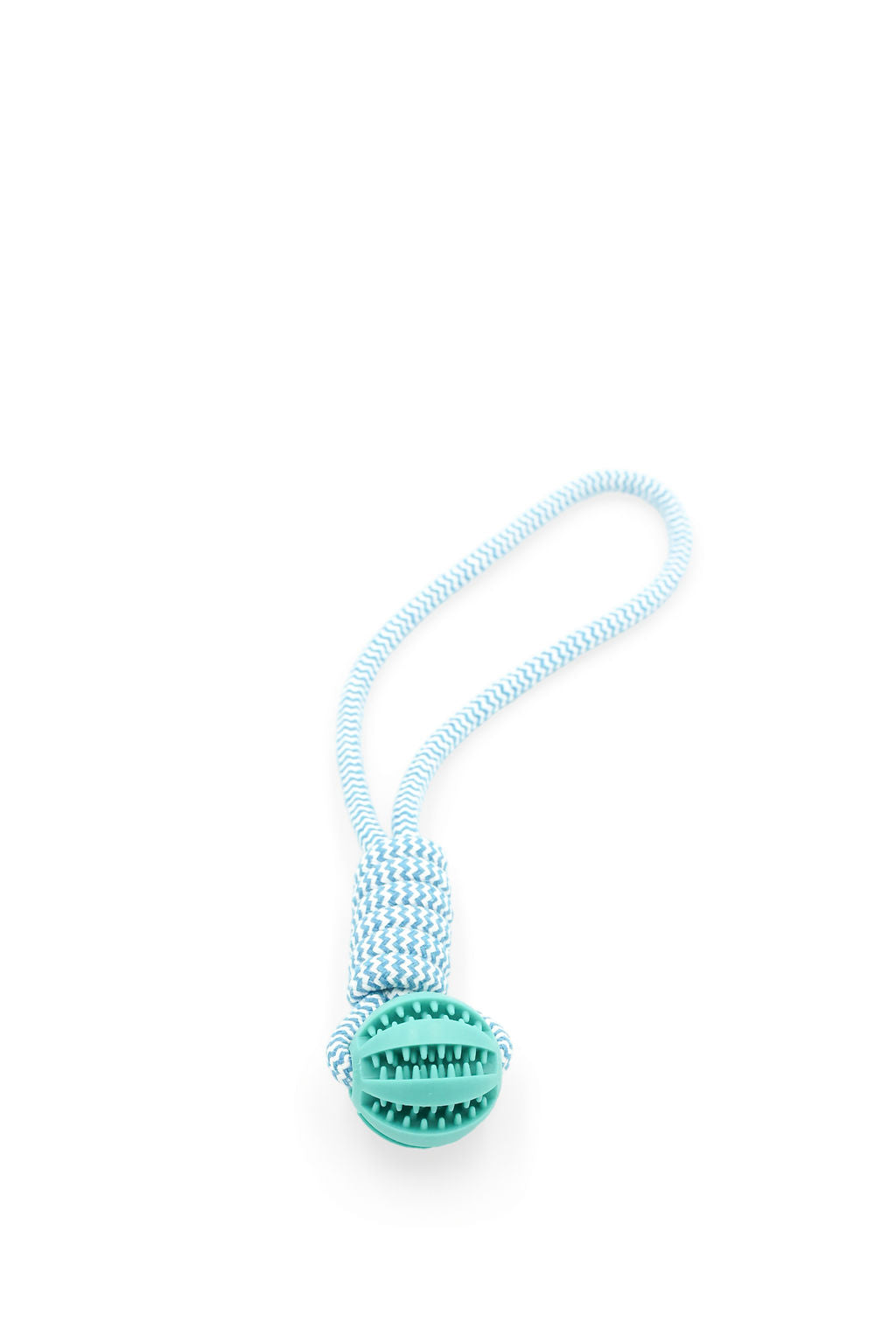 Side angle view of the BudgetPaws Sky Breeze rubber rope tug dog toy.