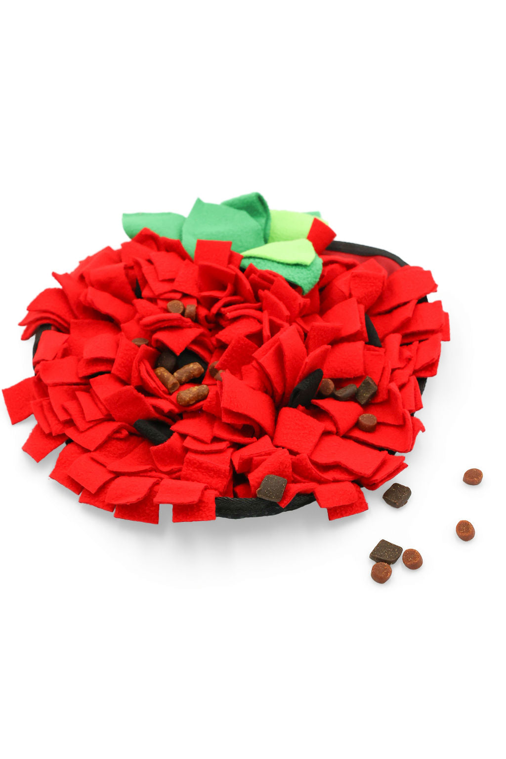 BudgetPaws Strawberry Snuffle Mat in Wild Rose red color front view with treats.