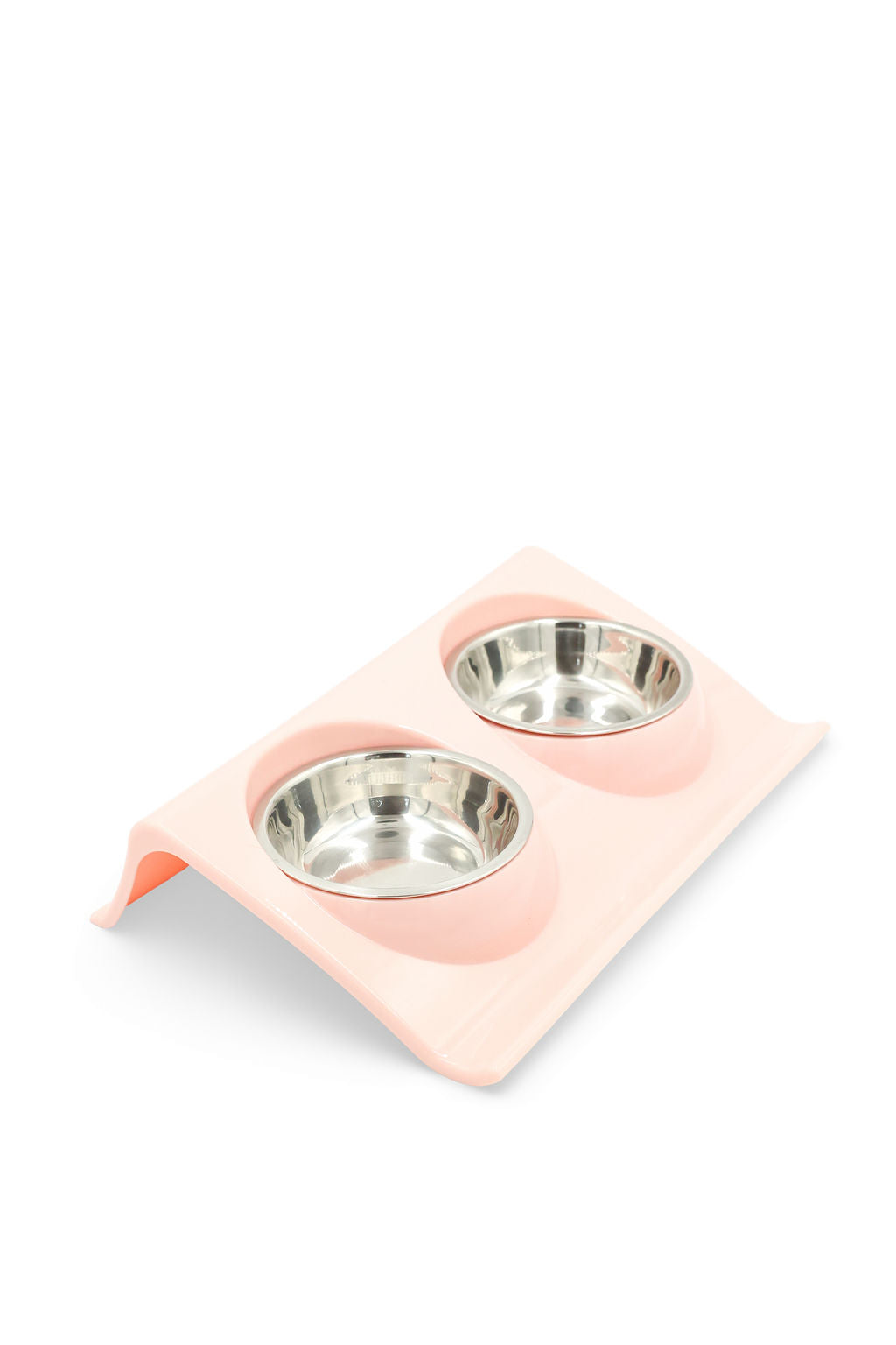 BudgetPaws Double Stainless Steel Pet Food Bowl in Pink showing the double bowl layout for food and water.