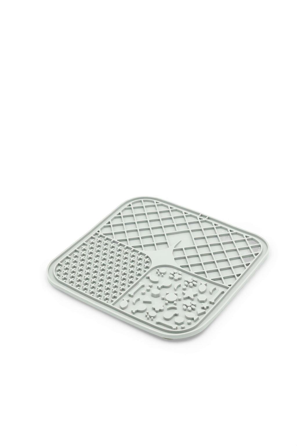 A square gray silicone trivet or coaster with a four-quadrant textured design, shown on a plain white background.