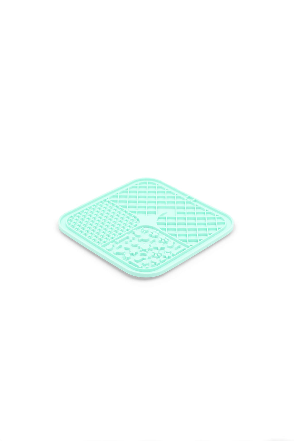 A mint green square silicone mat with rounded corners, featuring a textured grid pattern and a central raised section, shown on a plain white background.
