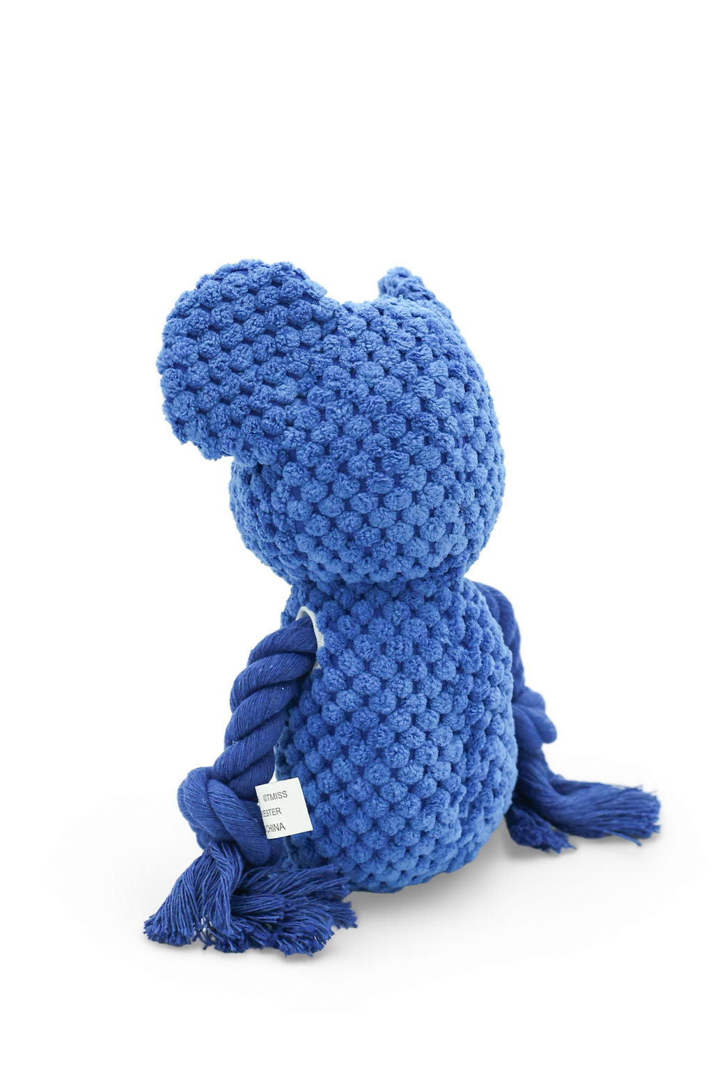 Close-up view of the plush mouse texture and woven rope arms on the BudgetPaws Pip dog toy.