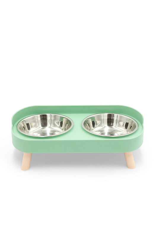 BudgetPaws Raised Double Stainless Steel Pet Bowl in green with two removable stainless steel feeding bowls.