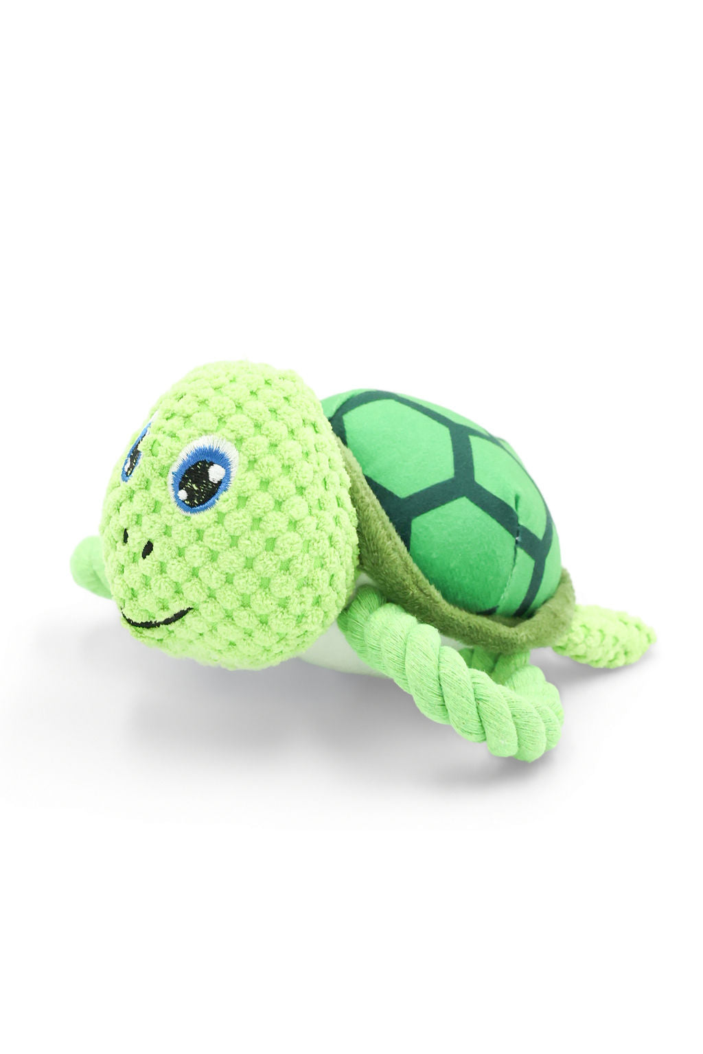 Side view of green Pebble the turtle squeaker dog toy with rope legs.