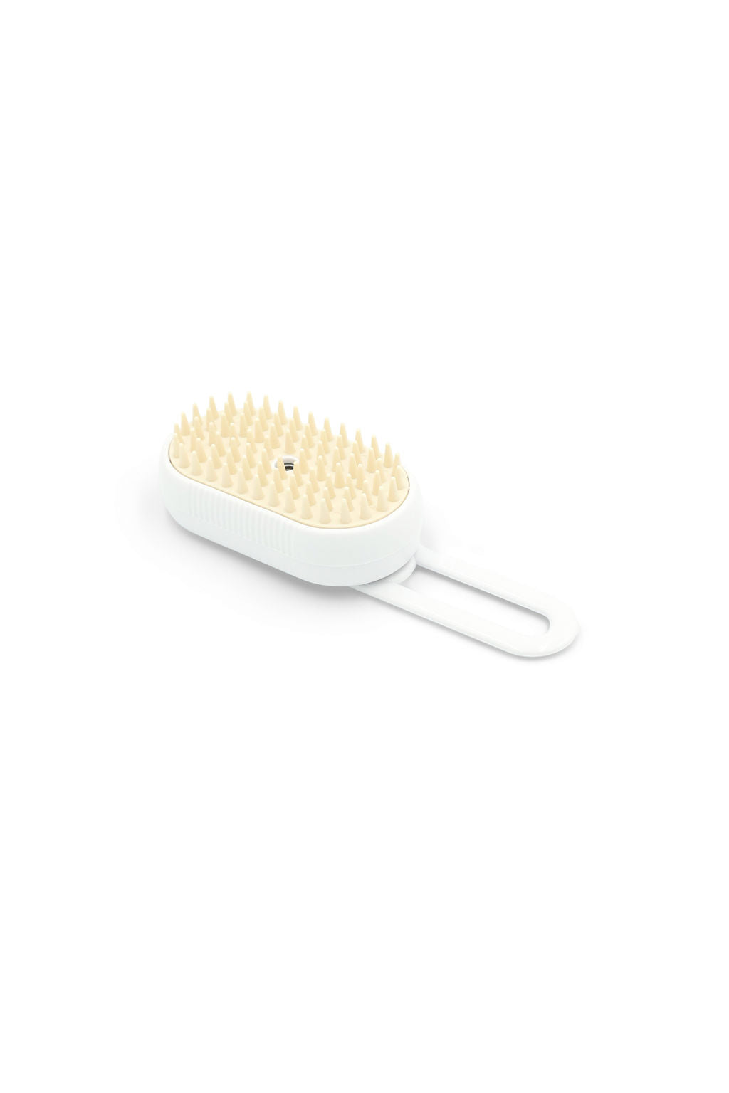 A white pet grooming brush with beige silicone bristles and a white handle, shown on a plain white background.